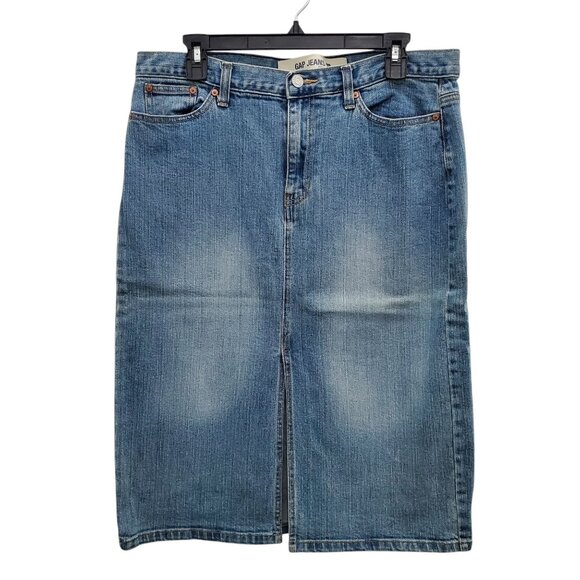 Gap Jeans Women's Y2K Distressed Split Front Medium Wash Denim Midi Skirt‎ 12 - Picture 1 of 7